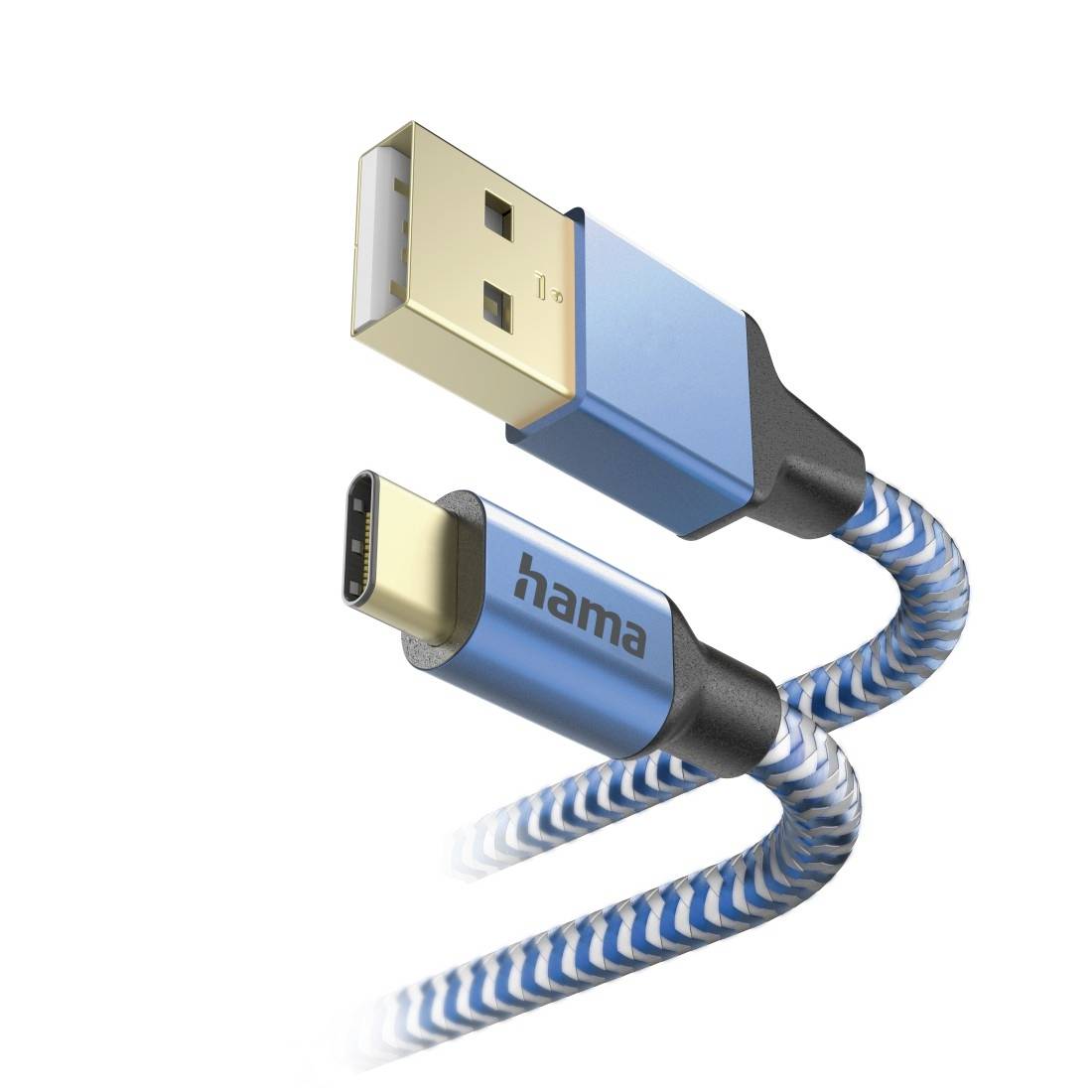 Nahaufnahme eines blau-weißen USB-Kabels mit einem Standard-USB-A-Stecker und einem USB-C-Anschluss mit der Bezeichnung „hama".