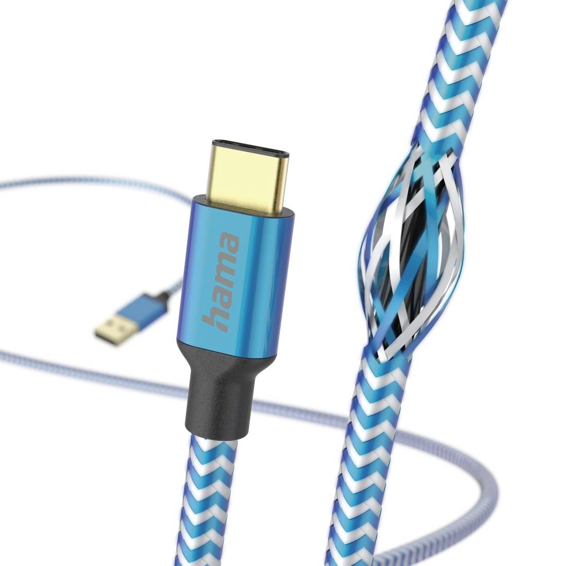 Blaues geflochtenes USB-C-Ladekabel mit vergoldetem Stecker und sichtbarer „hama"-Kennzeichnung auf weißem Hintergrund.