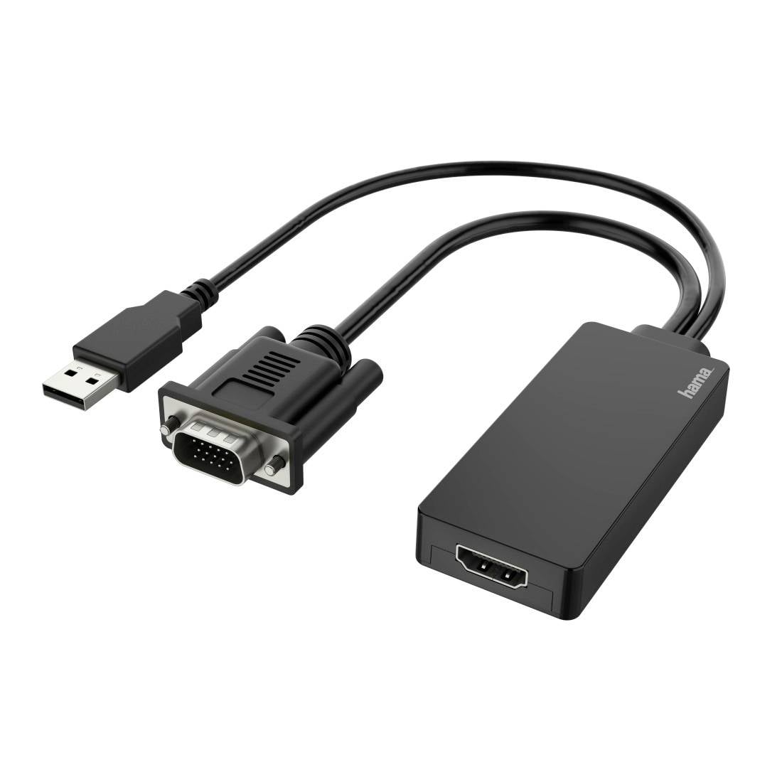USB-zu-VGA-Adapterkabel mit HDMI-Eingangsanschluss und VGA-Ausgangsport zum Verbinden eines Computers mit einem Monitor.