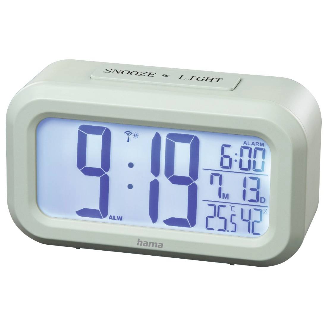 Digitale Weckeruhr zeigt 9:19 Uhr an, mit Wecker auf 6:00 Uhr eingestellt, Datum 7/13 und Temperatur 25,5°C/42°F.