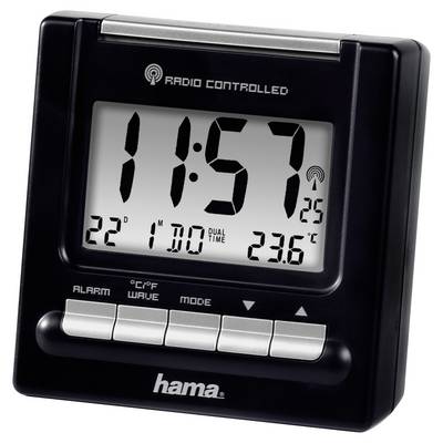 Schwarze funkgesteuerte digitale Wecker zeigt 11:57 mit Innentemperaturen von 22°C und 23,6°C und "Dualzeit"-Anzeige.
