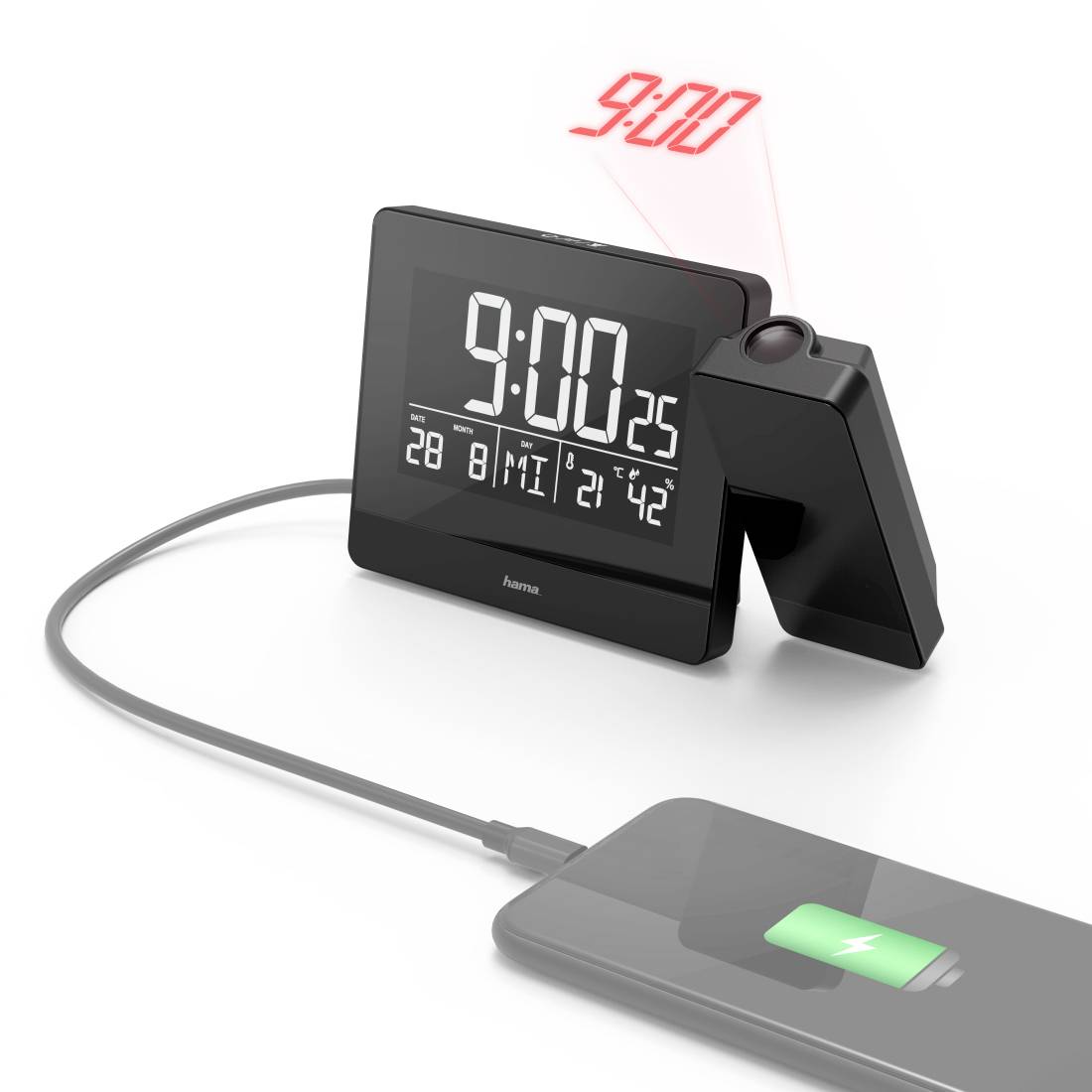 Digitale Schreibtischuhr, die 9:00:25 anzeigt, mit Datum und Temperatur, betrieben durch ein verbundenes Mobiltelefon, das über ein Kabel aufgeladen wird.