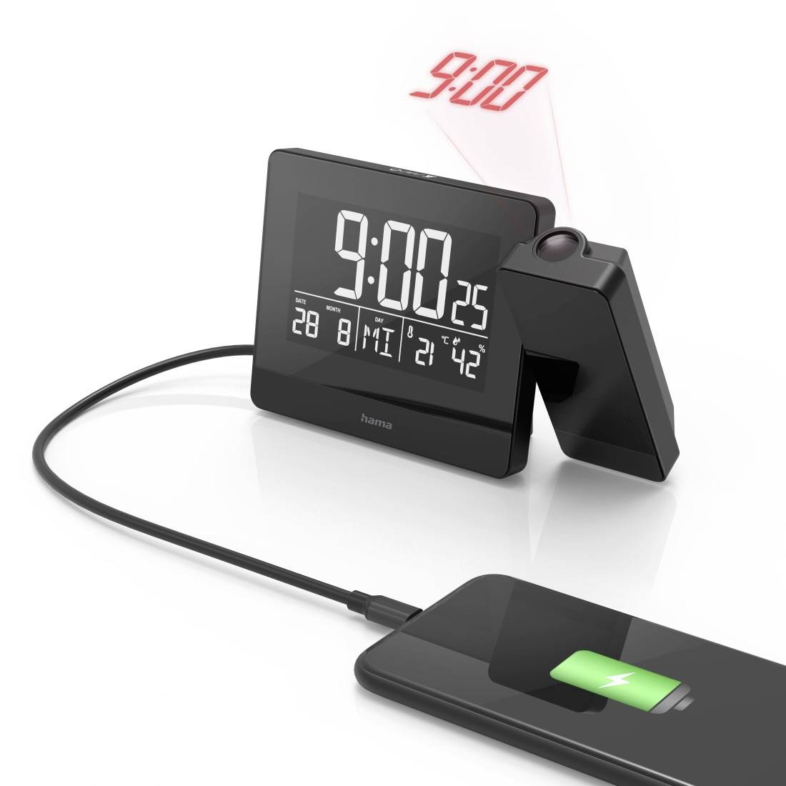 Digitale Wecker zeigt 9:00 mit einer projizierten roten Anzeige, verbunden durch ein Kabel mit einer Ladepower Bank mit grünem Batterie-Indikator.