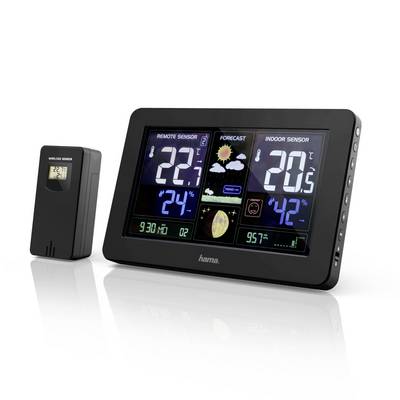 Digitale Wetterstation mit Außensensor zeigt Fernbedienung und Innentemperatur, Luftfeuchtigkeit, Vorhersage und Druckwerte an.