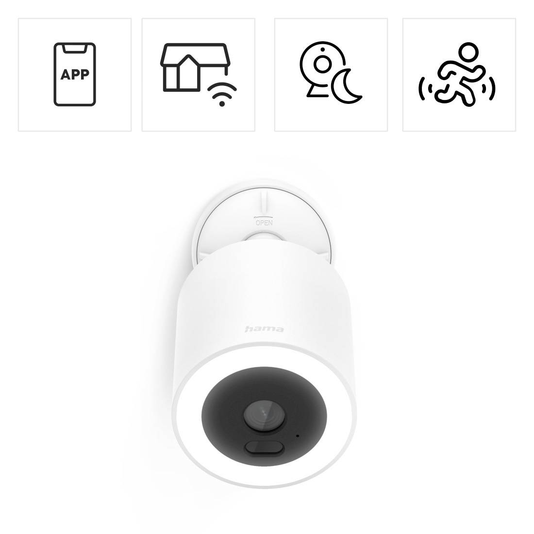 Weiße intelligente Sicherheitskamera mit App, Heimat-Wi-Fi, Nacht- und Bewegungserkennungssymbolen oben, was auf einen vernetzten Innenraummonitor hindeutet.