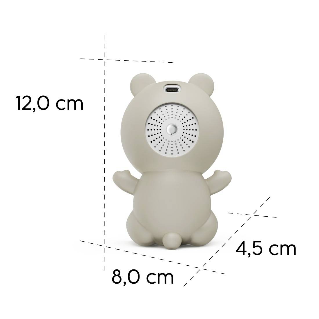 Kleiner bärenförmiger Lautsprecher in Vorderansicht mit Abmessungen: 12,0 cm Höhe, 8,0 cm Breite, 4,5 cm Tiefe.