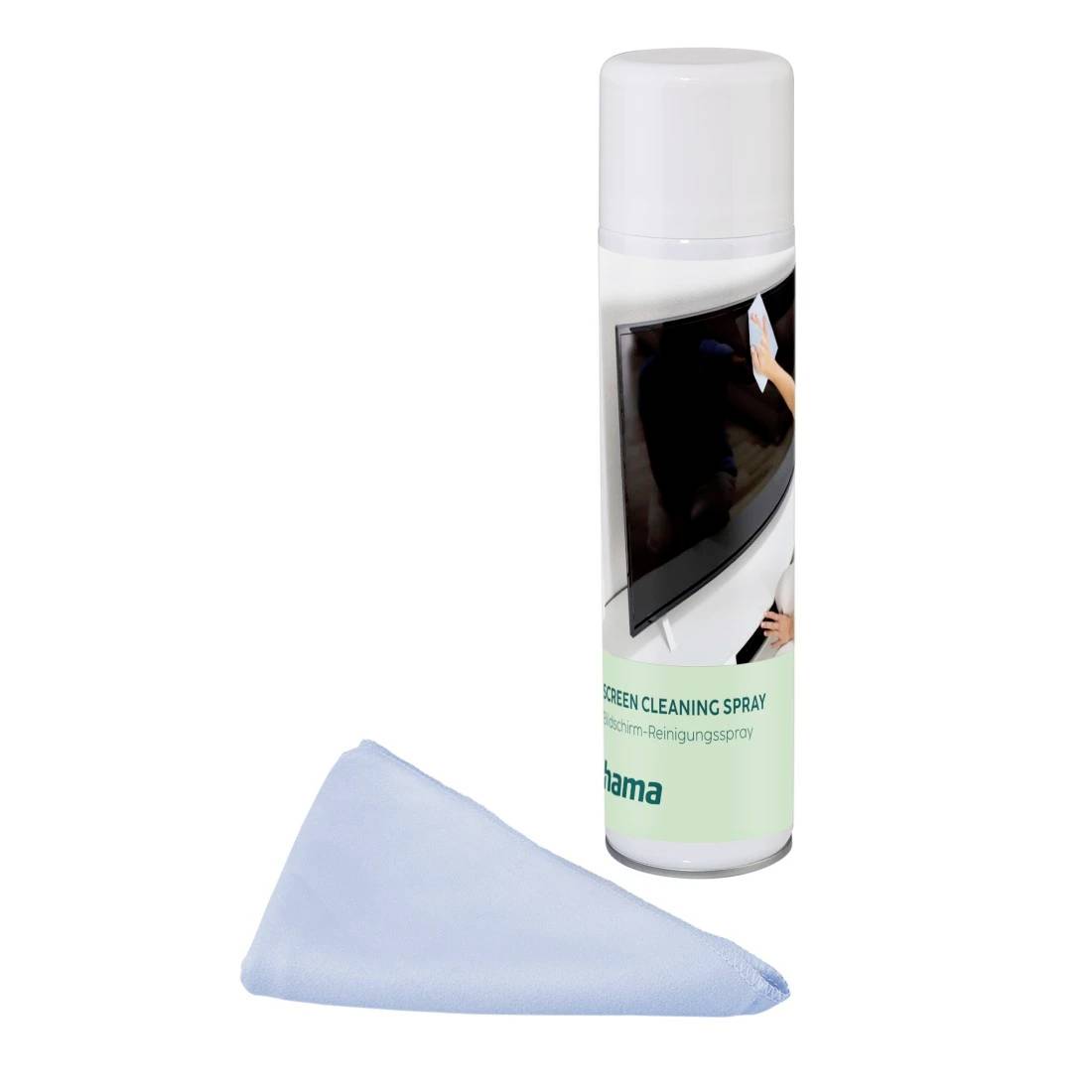 Bildschirmreinigungsspray mit Mikrofasertuch auf weißem Hintergrund.