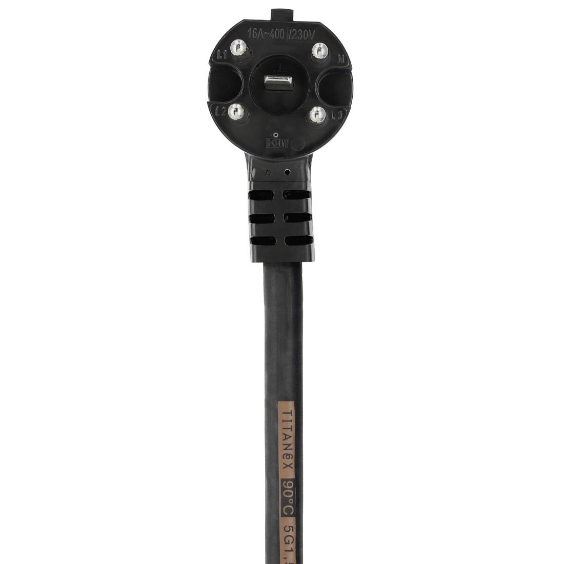 Schwarzer Elektrostecker mit vier freiliegenden Schraubklemmen auf einem Kabel, mit Markierungen "16A-400V 3P".
