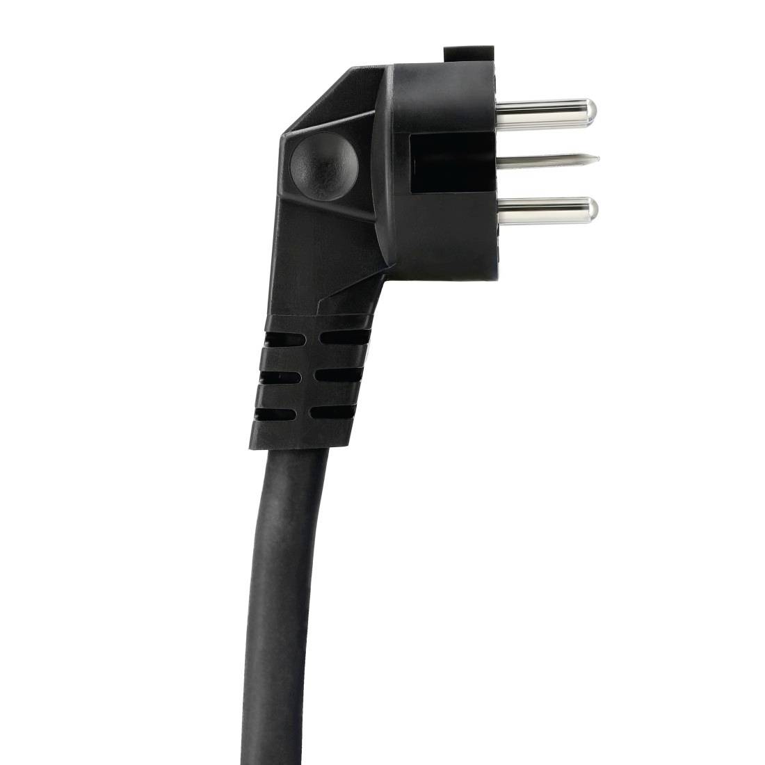 Schwarzer rechtwinkliger dreipoliger Stromstecker mit Kabel auf weißem Hintergrund.