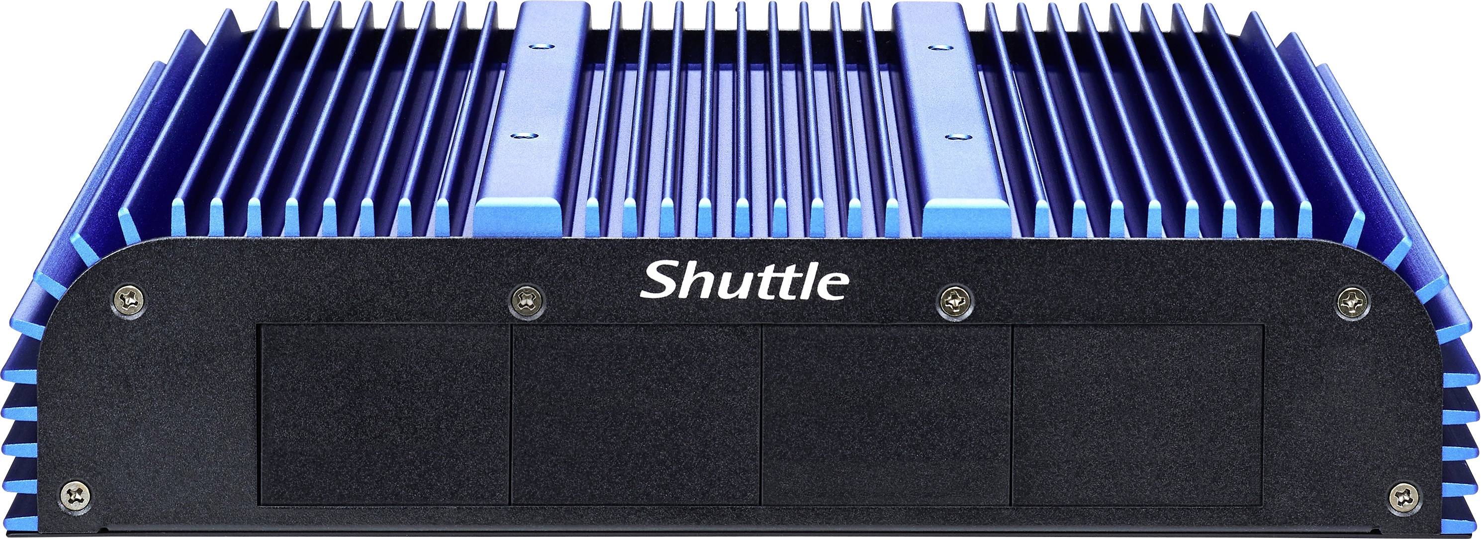 Vorderansicht eines blauen Shuttle-Kompaktcomputergehäuses mit großen Kühlrippen und schwarzem Frontpanel.