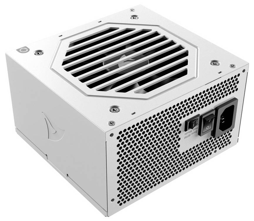 Weiße Computernetzteileinheit mit oberen Lüftergitter, gelochtem Seitenpaneel und reartigem Stromschalter sowie Kabelsteckergehäuse.