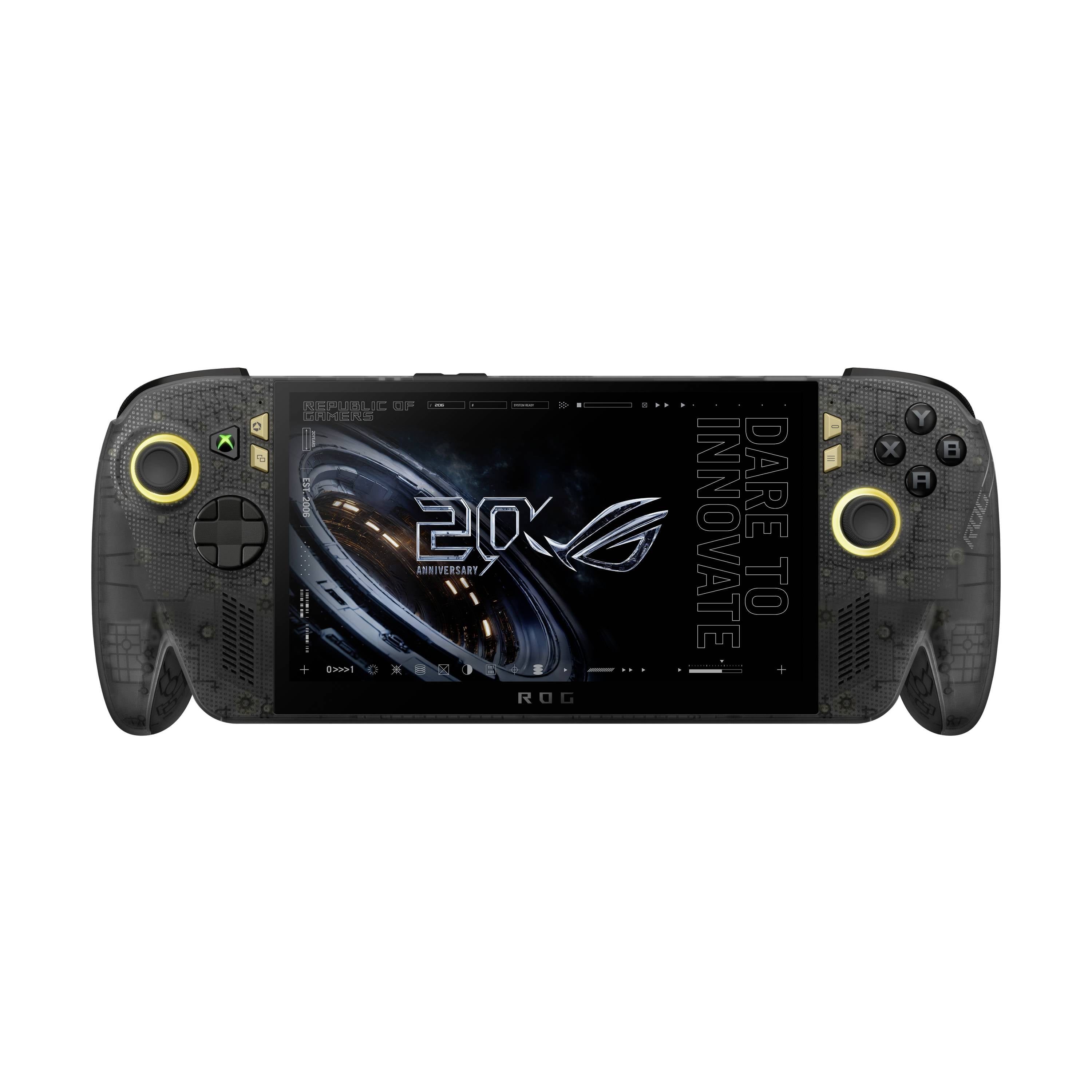 Schwarzer ASUS ROG Ally tragbarer Gaming-PC mit beleuchteten Joysticks und einem Bildschirm, auf dem das „20th Anniversary" ROG-Logo und „DARE TO INNOVATE" angezeigt werden.