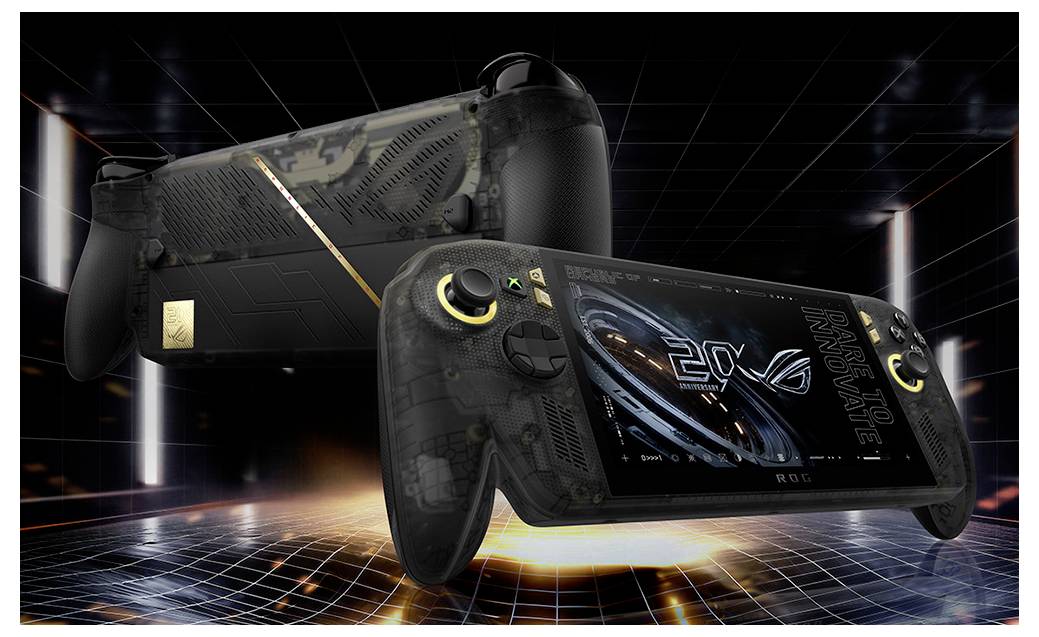 Tragbare Spielkonsole mit angebrachten Controllern, abgebildet von vorne und hinten in einer futuristischen Werbedarstellung.