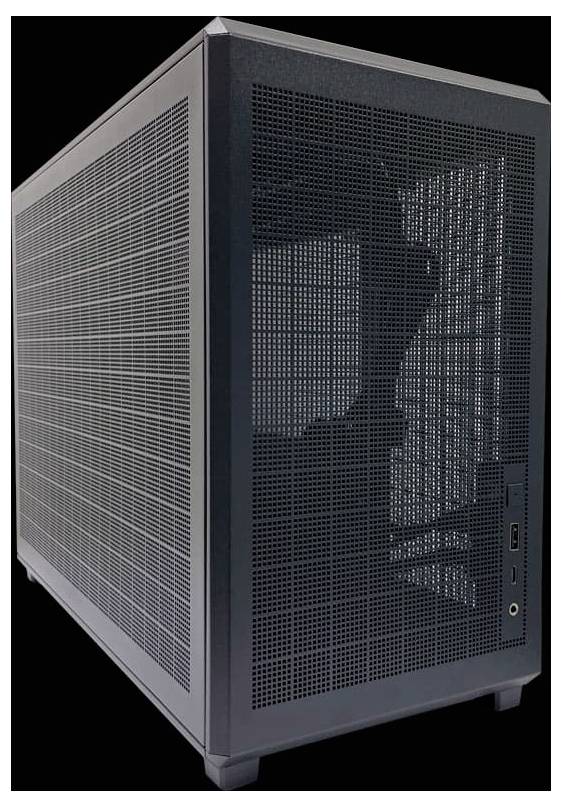 Großer grauer Computer-Server oder Workstation-Tower mit perforierten Metallpaneelen, dargestellt vor schwarzem Hintergrund.