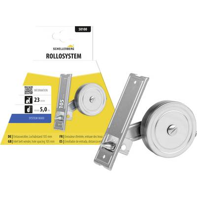 Produktverpackung für Schellenberg "ROLLSYSTEM" Rollladenband-Wickler, gekennzeichnet mit 23 m und max. 5,0 m, mit abgebildeter System-Maxi-Beschlagvariante.