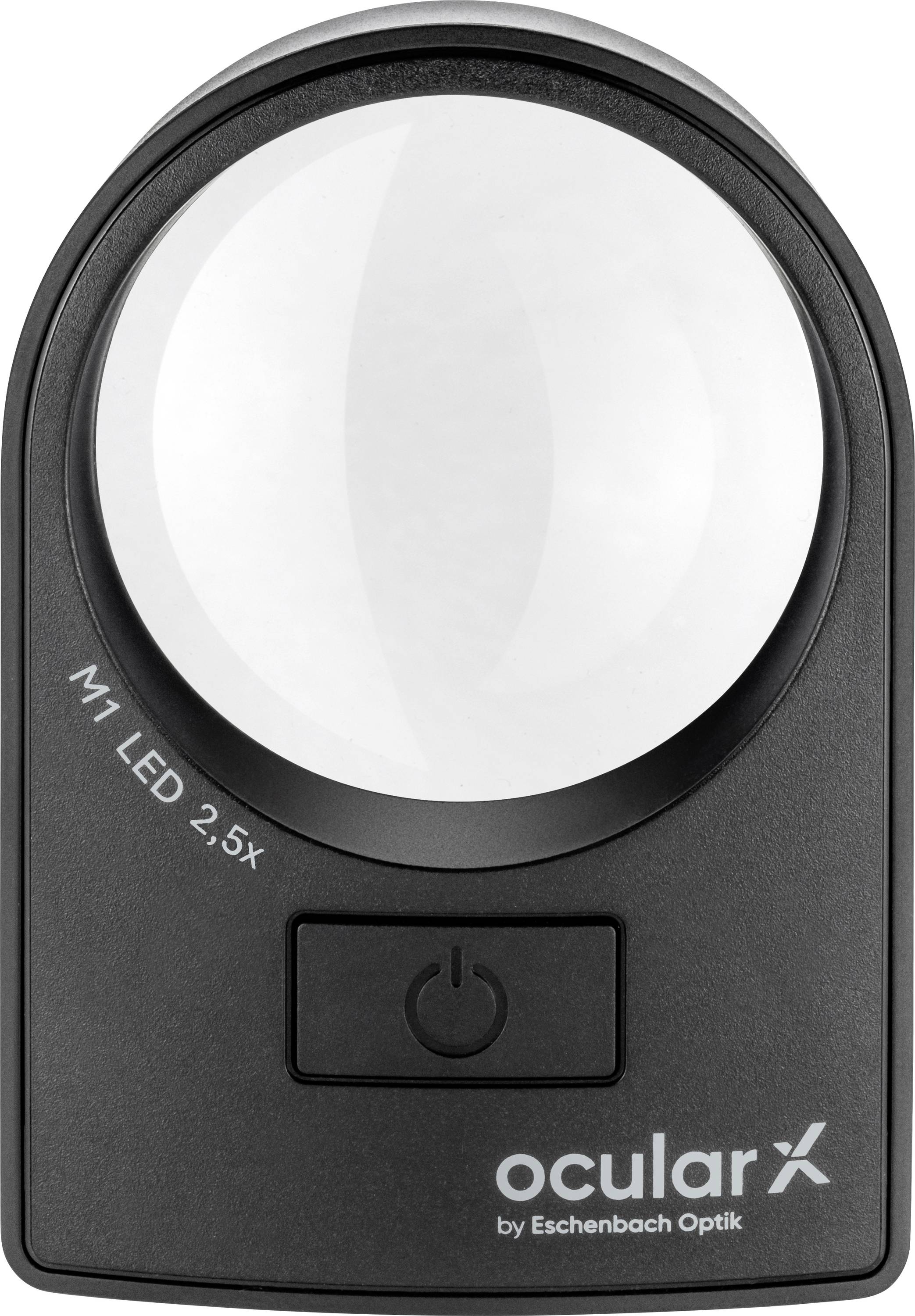 Schwarze tragbare beleuchtete Lupe mit der Bezeichnung "M1 LED 2,5x" mit Ein-/Ausschalter und Branding "ocular X by Eschenbach Optik".