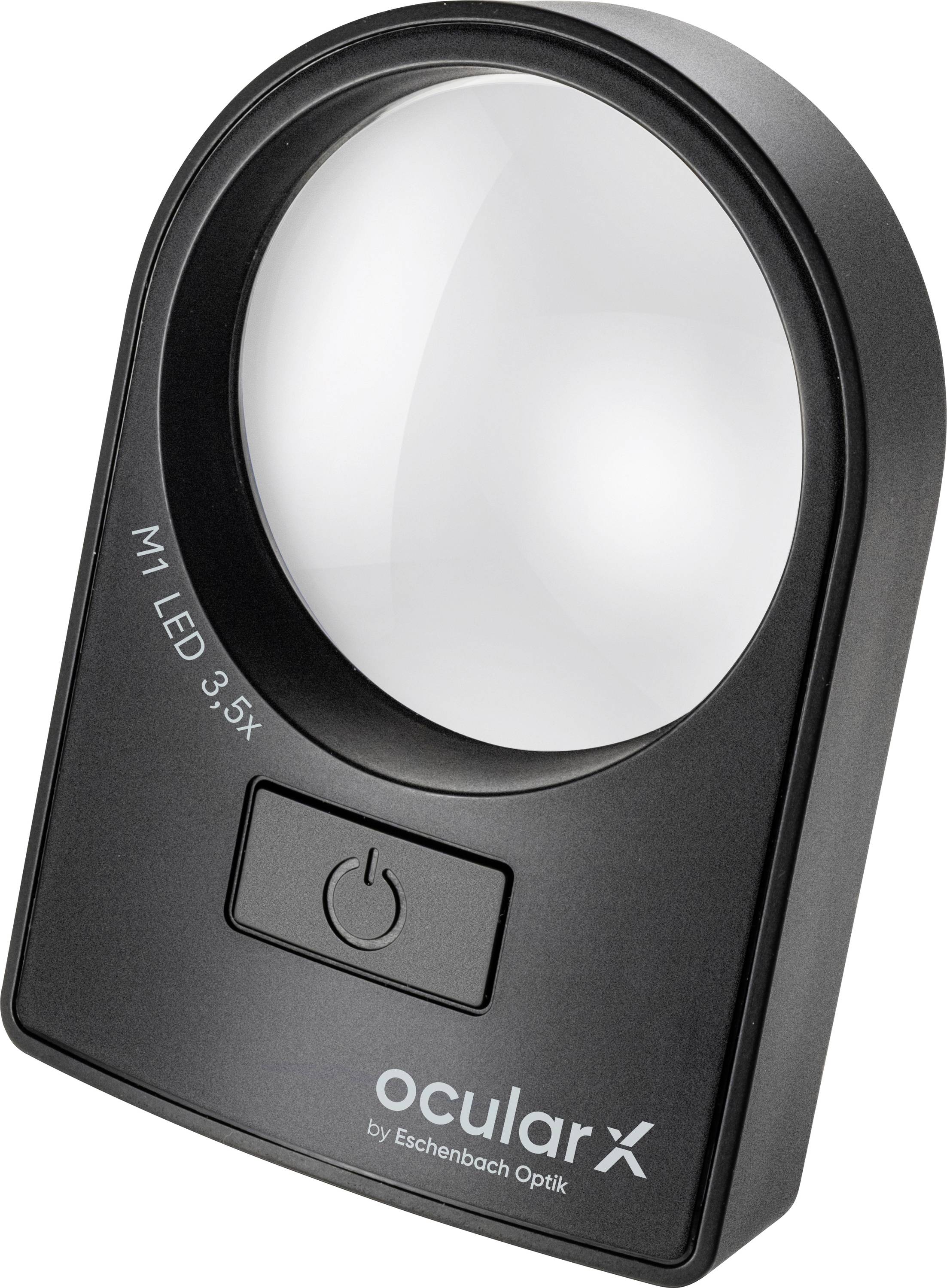 Tragbare schwarze LED-Lupe mit großer runder Linse, Stromschalter und "ocular x" Branding.