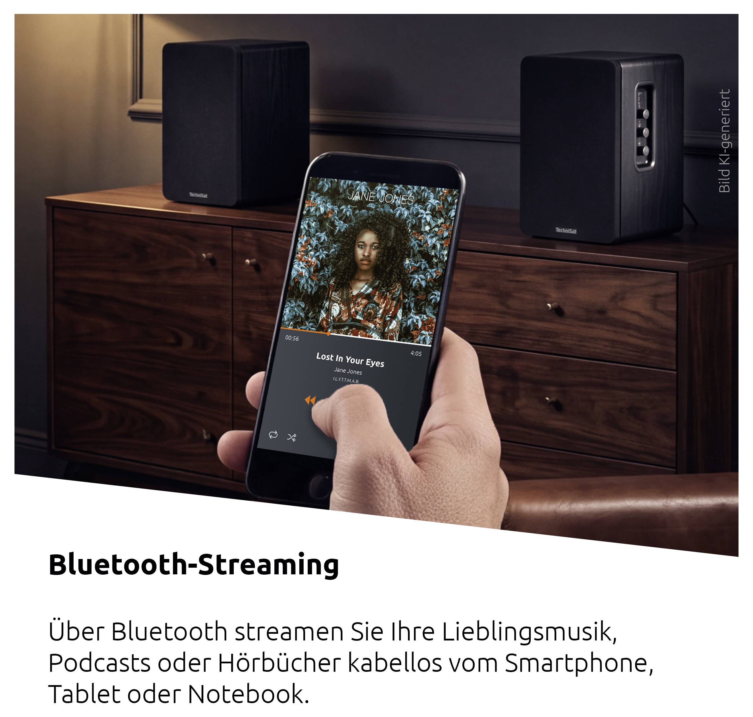 Hand hält ein Smartphone, das Musik abspielt, während es mit zwei kabellosen Lautsprechern verbunden ist; Text besagt „Bluetooth-Streaming" und beschreibt kabelloses Streaming von Telefon, Tablet oder Notebook.