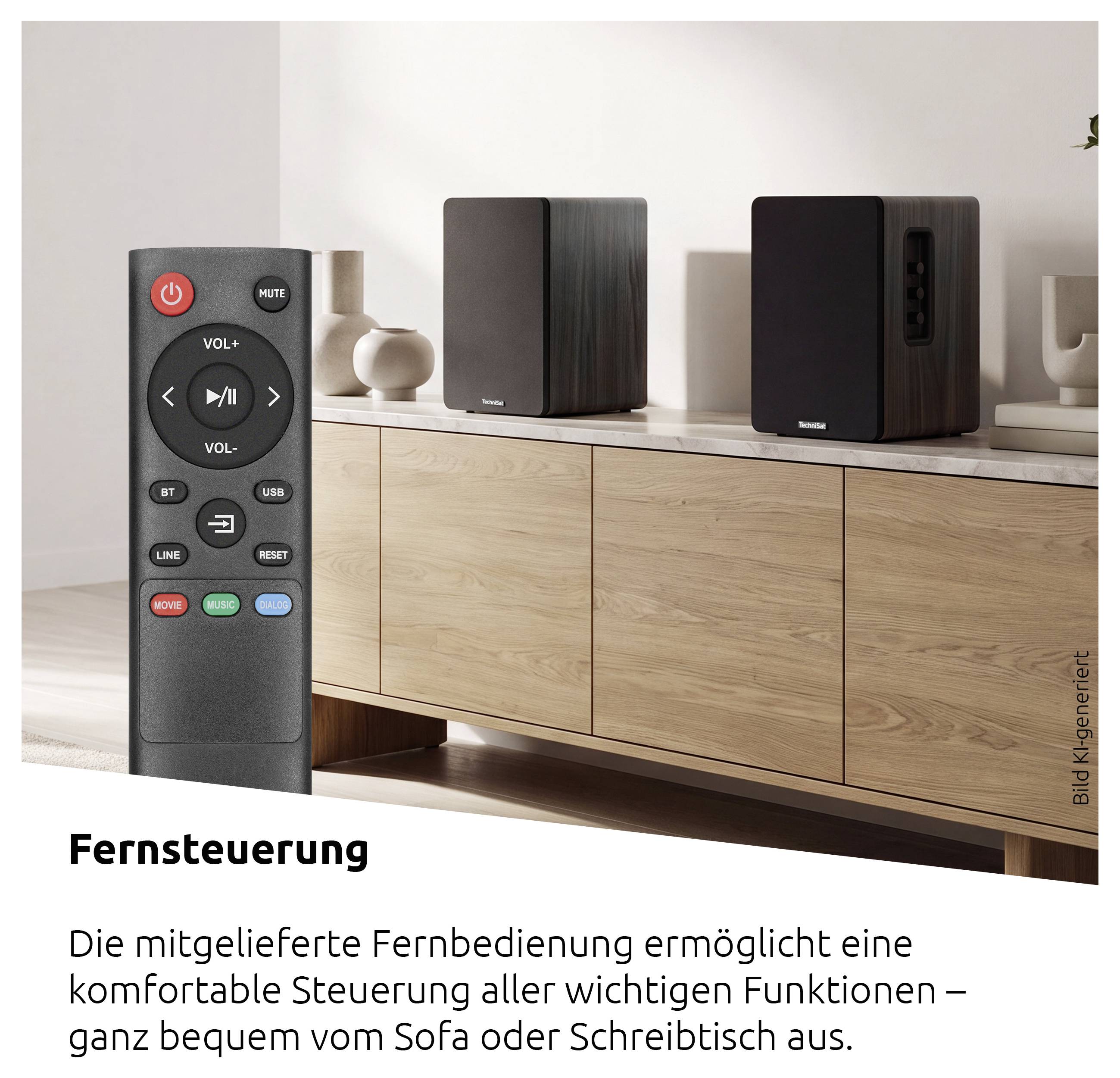 Fernbedienung für eine Soundanlage, neben zwei Lautsprechern auf einem Holzschrank gezeigt; deutscher Text sagt, dass man damit wichtige Funktionen bequem vom Sofa oder Schreibtisch aus steuern kann.