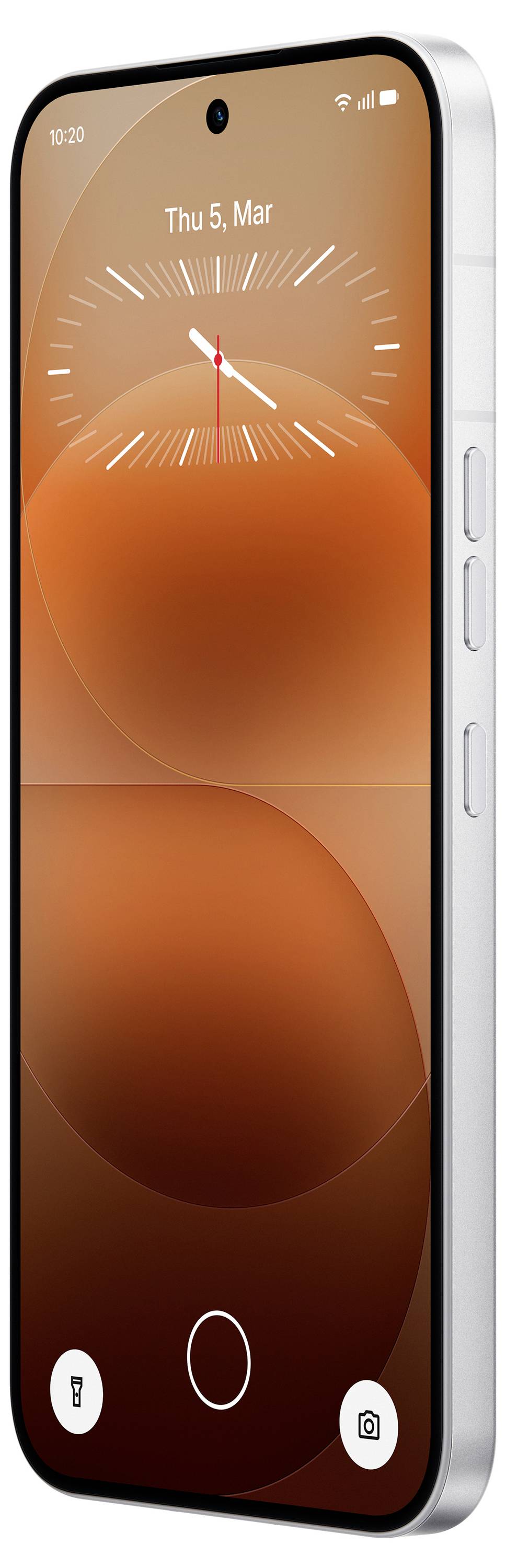 Ein Smartphone mit einem orangefarbenen Sperrbildschirm, auf dem das Datum „Do 5. März", eine Analoguhr sowie Schnellzugriffssymbole für Taschenlampe und Kamera angezeigt werden.
