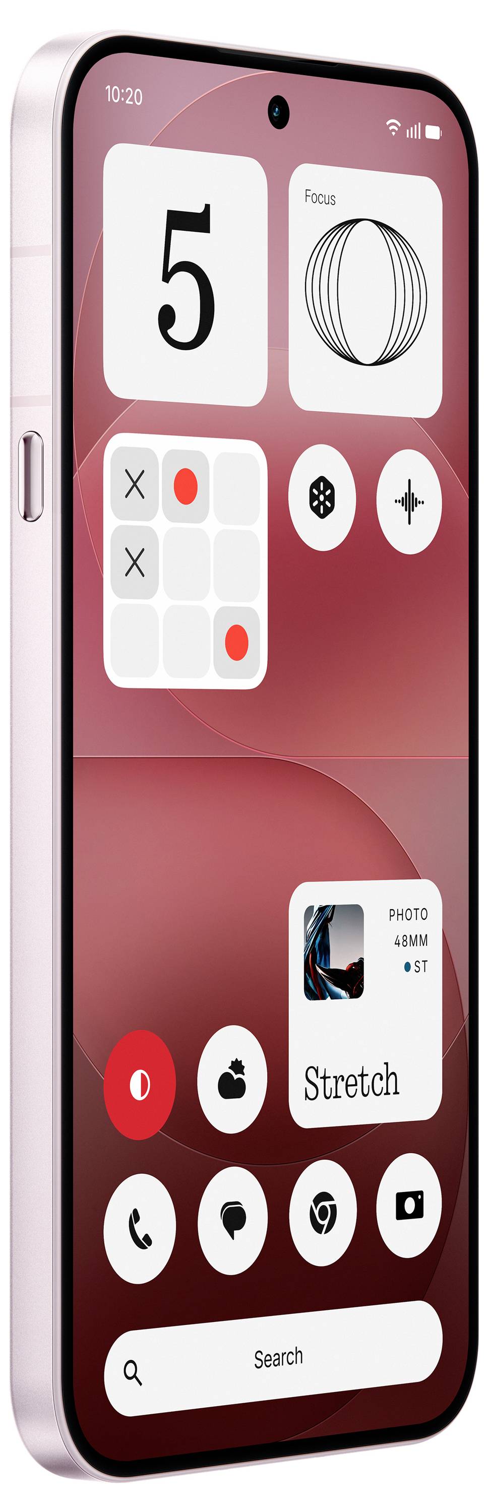 Ein rosa Smartphone zeigt einen anpassbaren Startbildschirm mit großen Widget-Kacheln, App-Symbolen und einer Suchleiste am unteren Rand.