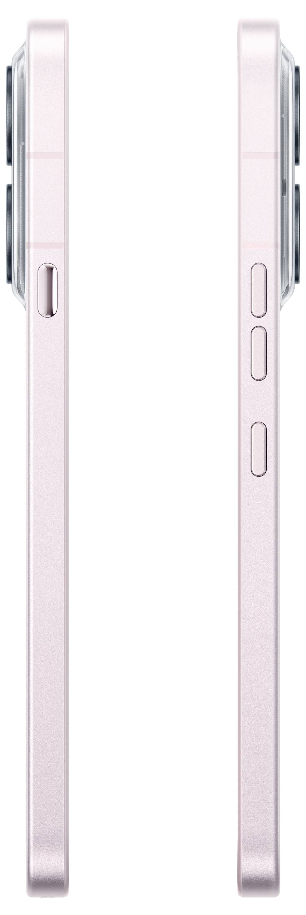Seitenansicht eines rosa Smartphones, das von beiden Seiten gezeigt wird und sein dünnes Profil und die Seitenschalter hervorhebt.