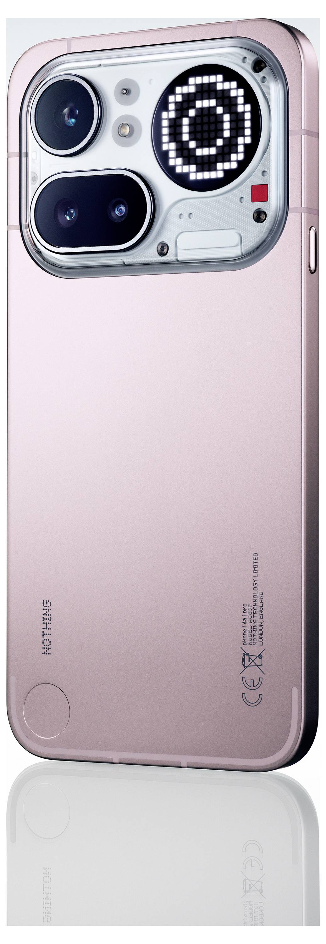 Rückseite eines rosa Nothing-Smartphones mit einem großen Dual-Kamera-Modul und zirkuärer LED-Glyphen-Leuchte in der Nähe der Oberseite.