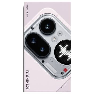 Ein Smartphone mit transparenter Hülle, diagonal auf rosa Hintergrund dargestellt, mit großen Kameraobjektiven und einem Pixel-Stil-"NOTHING"-Logo.
