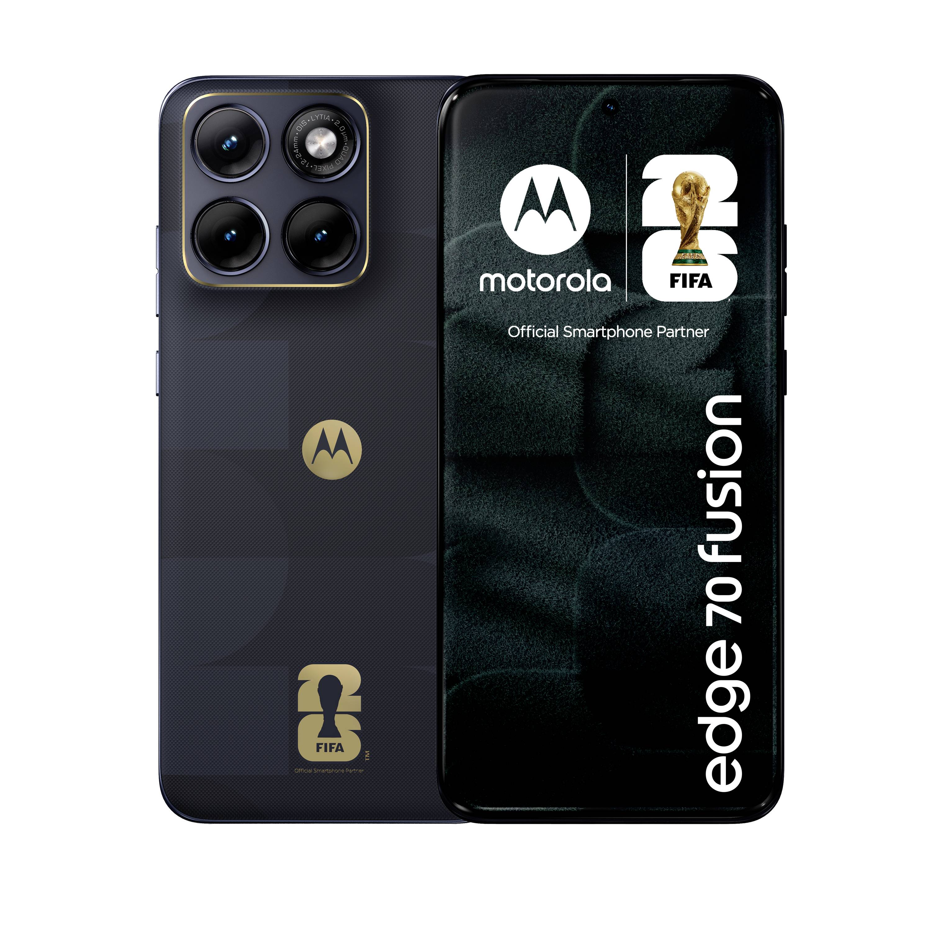 Motorola Edge 70 Fusion Smartphone von vorne und hinten gezeigt, schwarze FIFA-Edition mit goldenen Motorola- und FIFA-Weltpokal-Logos.
