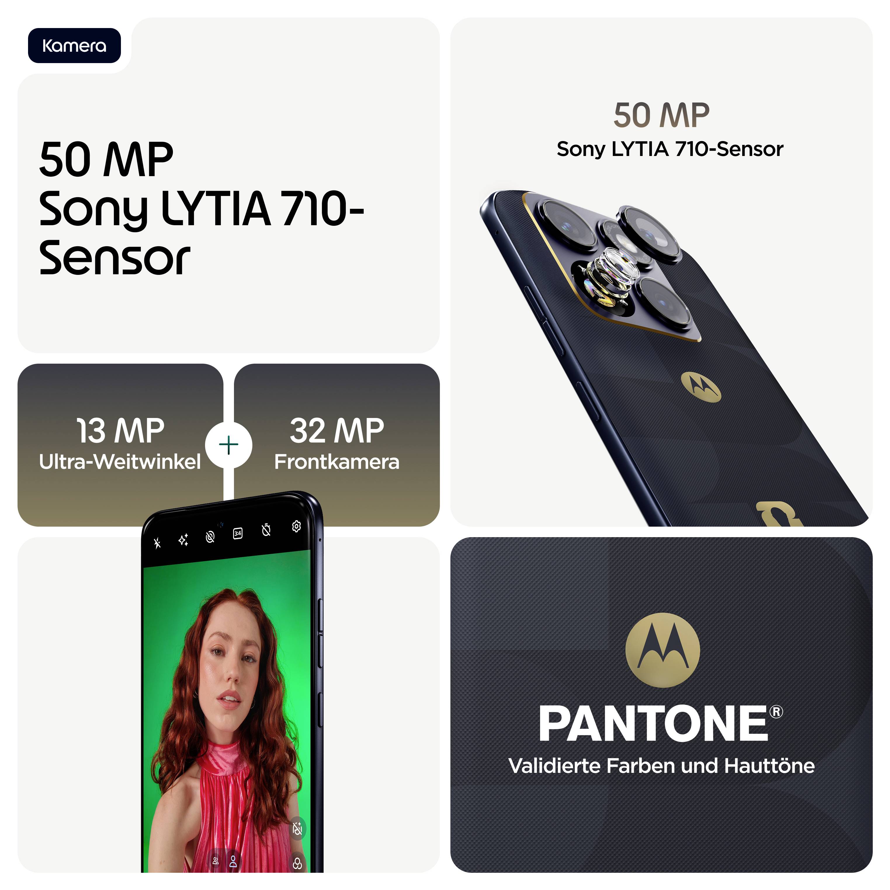 Werbegrafikbild für ein Motorola-Telefonkamerasystem: 50-MP-Sony-LYTIA-710-Sensor, 13-MP-Ultraweitwinkelobjektiv, 32-MP-Frontkamera und Pantone-validierte Farben und Hauttöne.