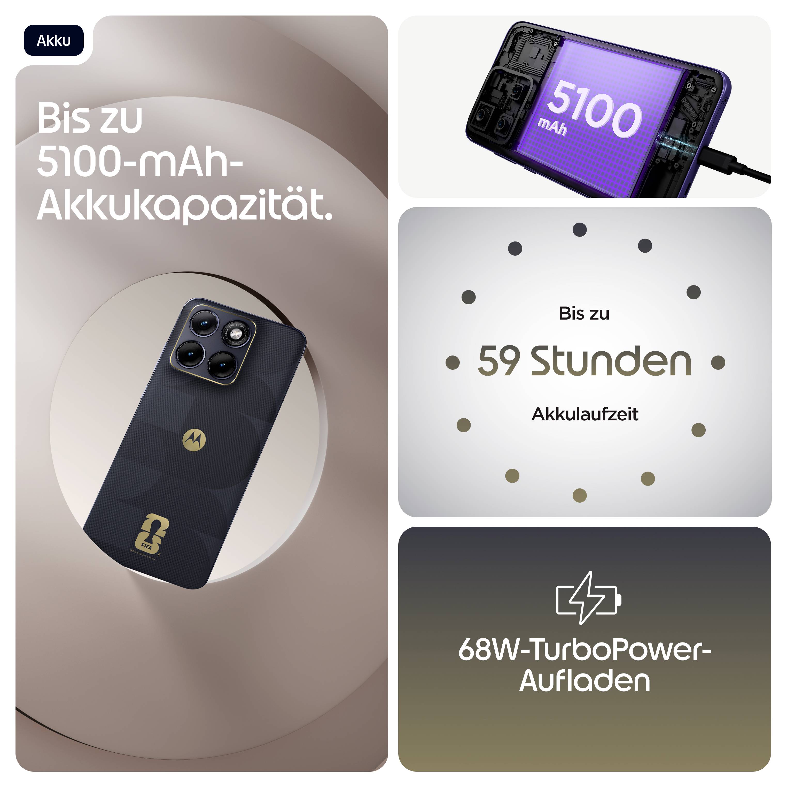 Bis zu 5100-mAh-Akkukapazität<br><br>Bis zu 59 Stunden Akkulaufzeit<br><br>68W-TurboPower-Aufladen