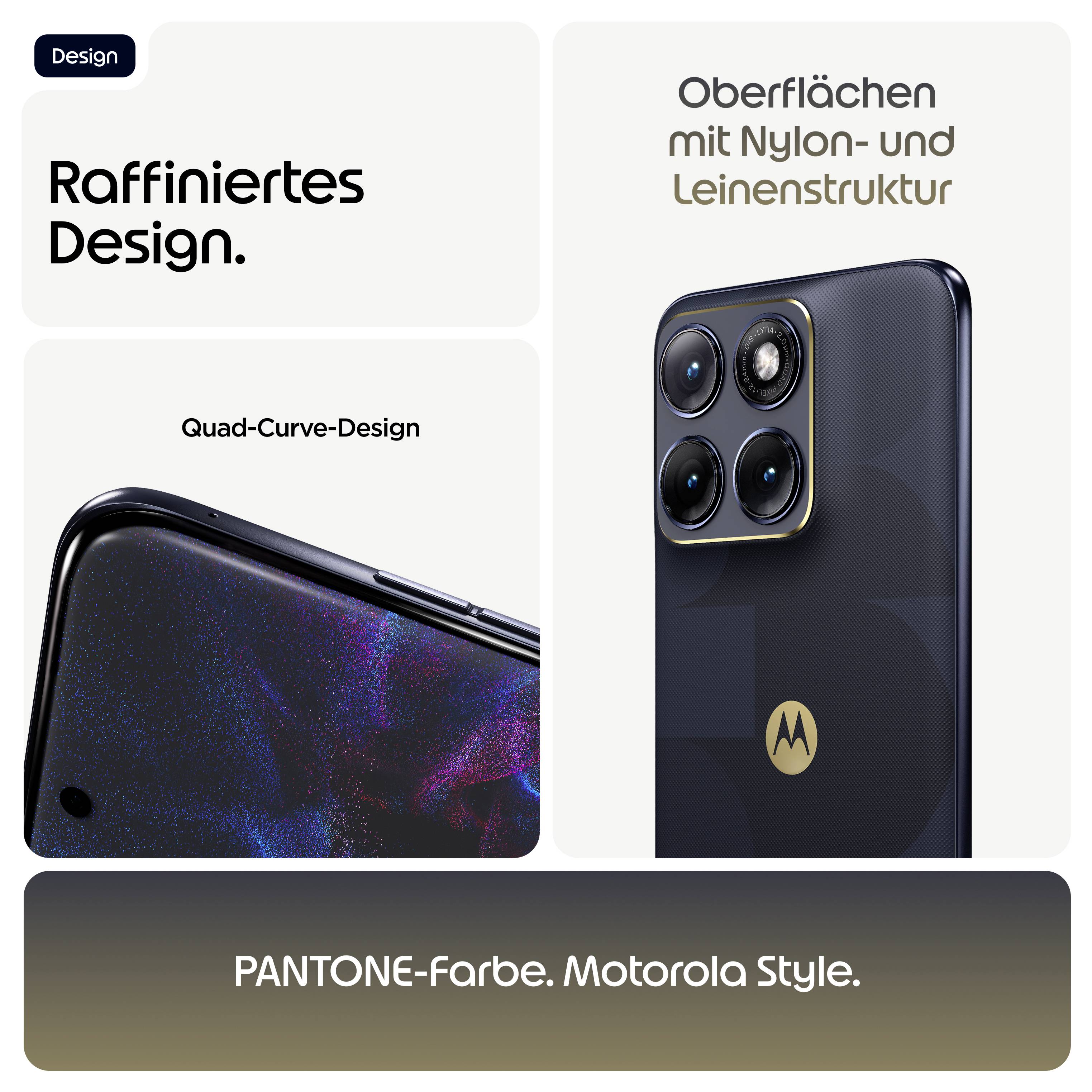 Motorola-Telefon-Design-Werbung mit gekrümmtem Quad-Curve-Display, Nylon-Leinen-Textur und „PANTONE-Farbe. Motorola Style."