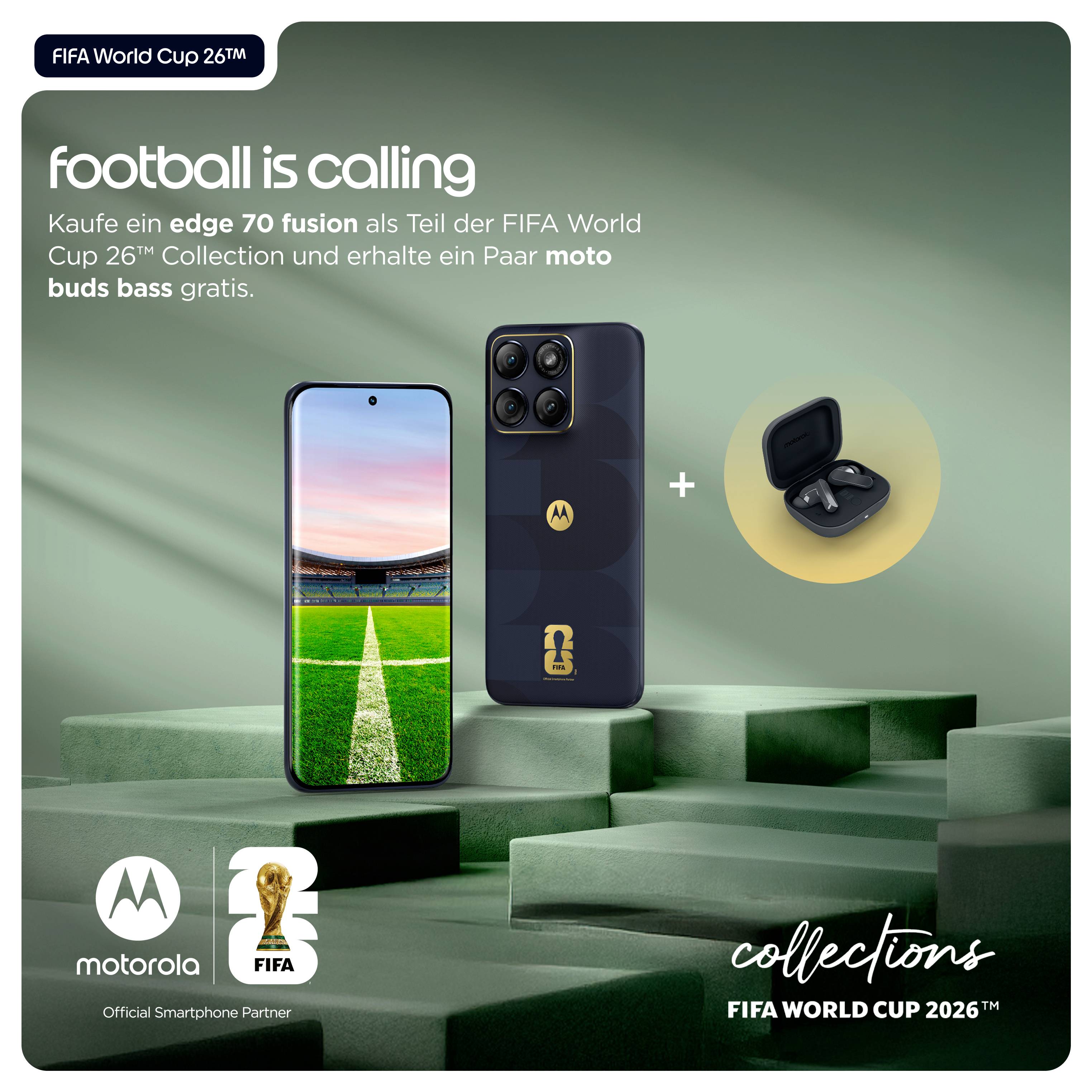 Motorola FIFA-Weltmeisterschaft 26-Promotion: Kaufen Sie ein Edge 70 Fusion und erhalten Sie ein kostenloses Paar Moto Buds Bass; Telefon und Ohrhörer werden angezeigt.