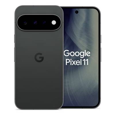 Google Pixel 11 Smartphone von vorne und hinten gezeigt, mit dunkelgrauem Design und hinterer Kameraleiste; Bildschirm zeigt „Google Pixel 11".