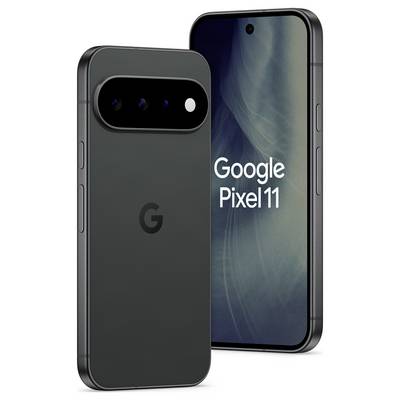 Google Pixel 11 Smartphone von vorne und hinten gezeigt, mit dreifacher Kameraleiste auf der Rückseite und Text „Google Pixel 11" auf dem Display.
