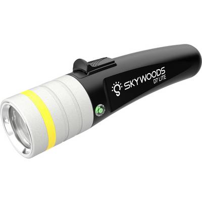 Schwarze und silberne SKYWOODS D7 LITE Taschenlampe mit vorderer Linse und grünem Netzschalter auf weißem Hintergrund.
