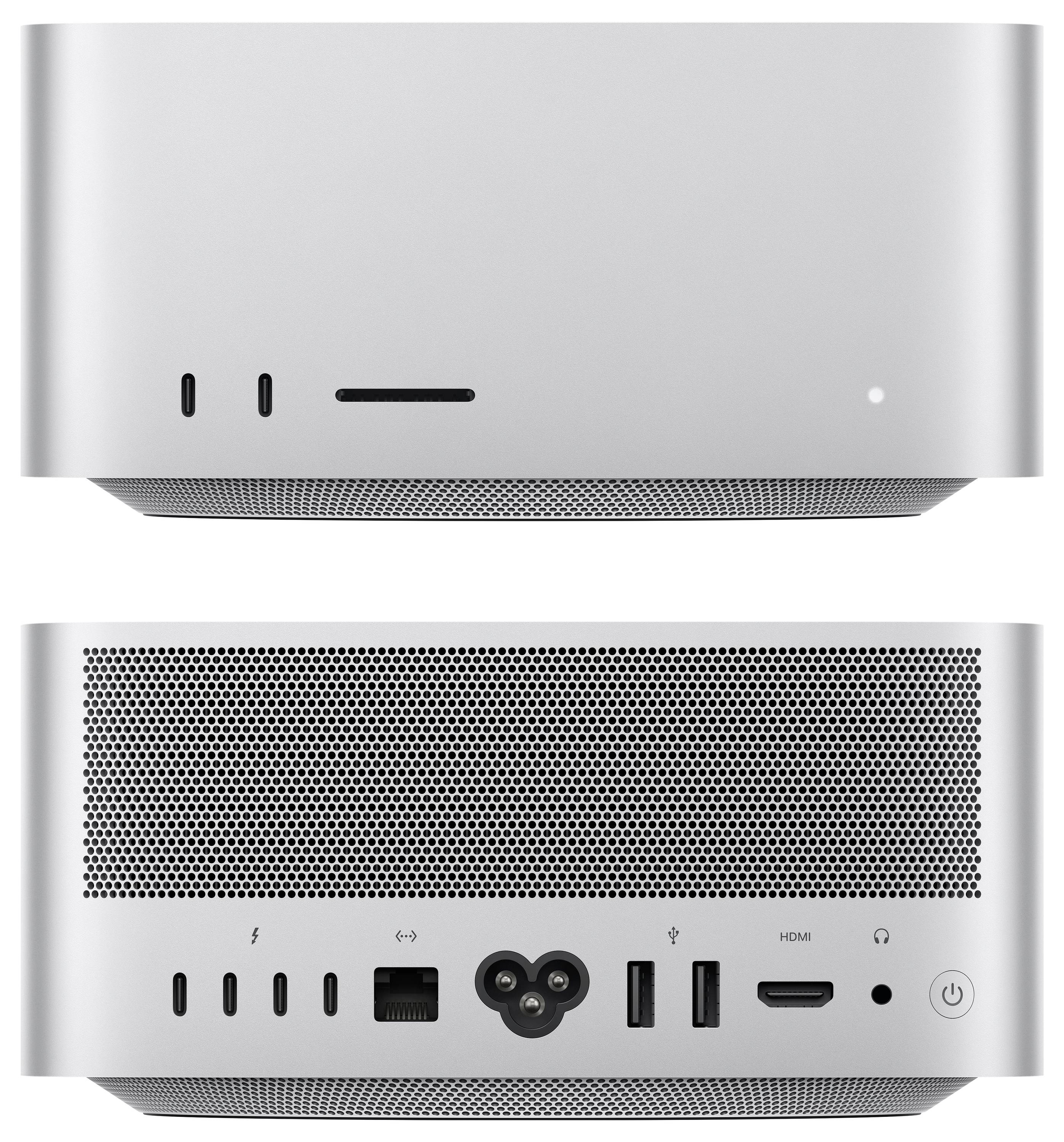 Rück- und Vorderansichten eines silbernen Apple Mac Pro Desktop-Towers mit Belüftungsgitter, Power-Button und hinteren Anschlüssen einschließlich USB, Ethernet, HDMI und Audio.
