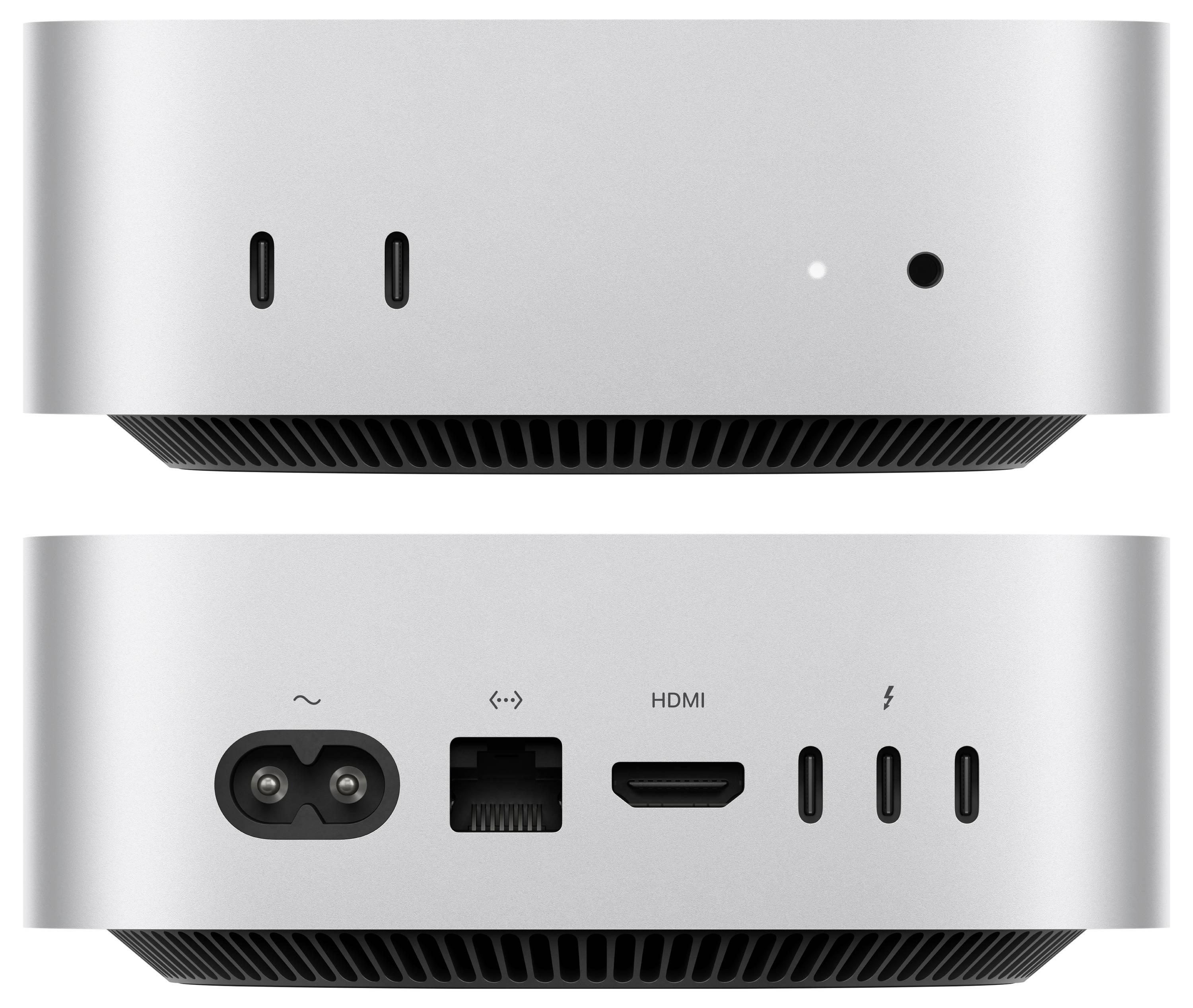 Vorder- und Rückansicht eines kleinen silbernen Mini-PCs, mit vorderen USB-Anschlüssen und Statusleuchten sowie hinteren Anschlüssen für Stromversorgung, Ethernet, HDMI und USB.