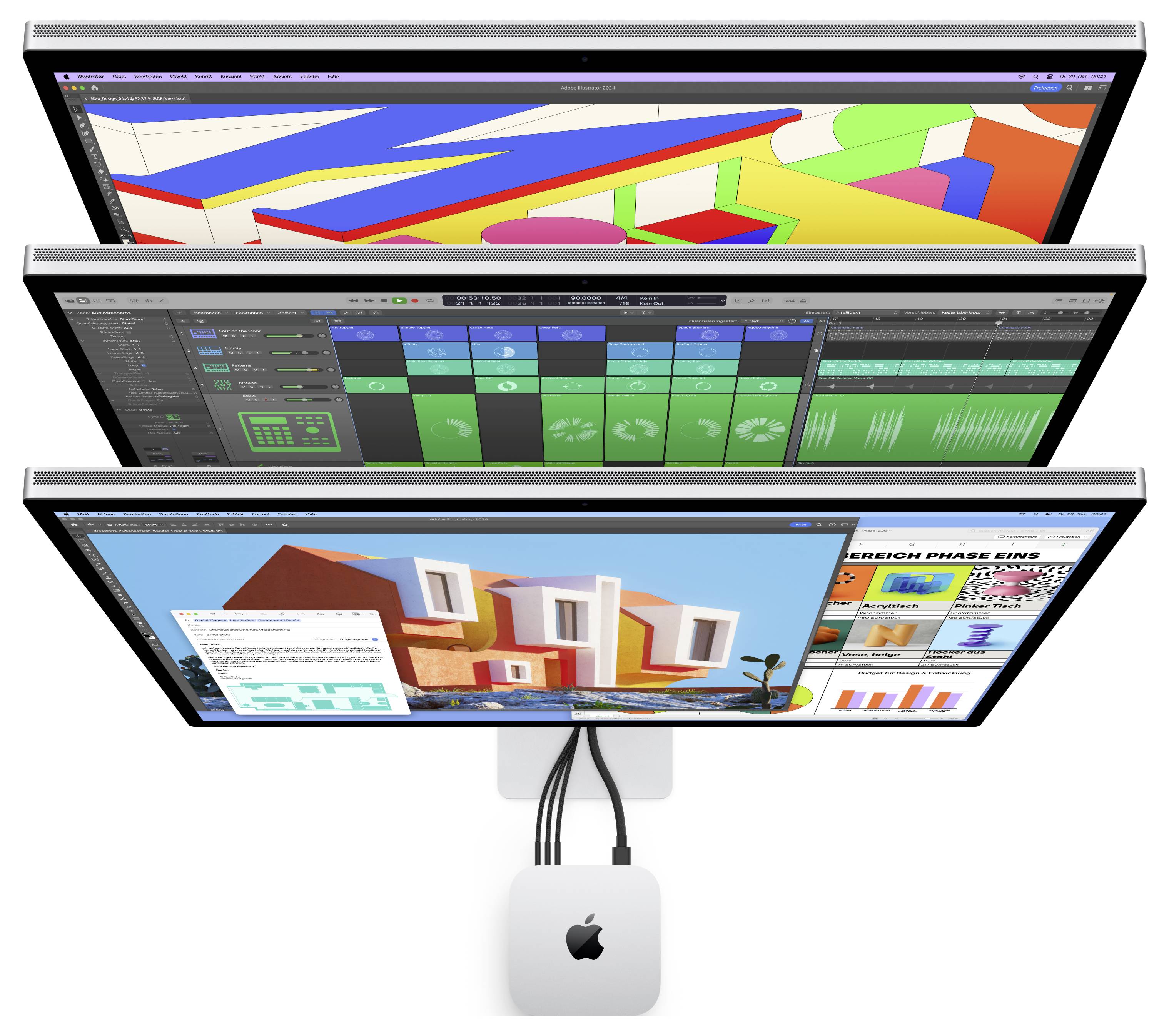 Drei gestapelte Anzeigeansichten auf einem Apple-Desktop-Setup, die farbenfrohe 3D-Grafiken, eine Musik-Bearbeitungs-Zeitleiste und eine Design-/Web-Layout-Schnittstelle anzeigen.