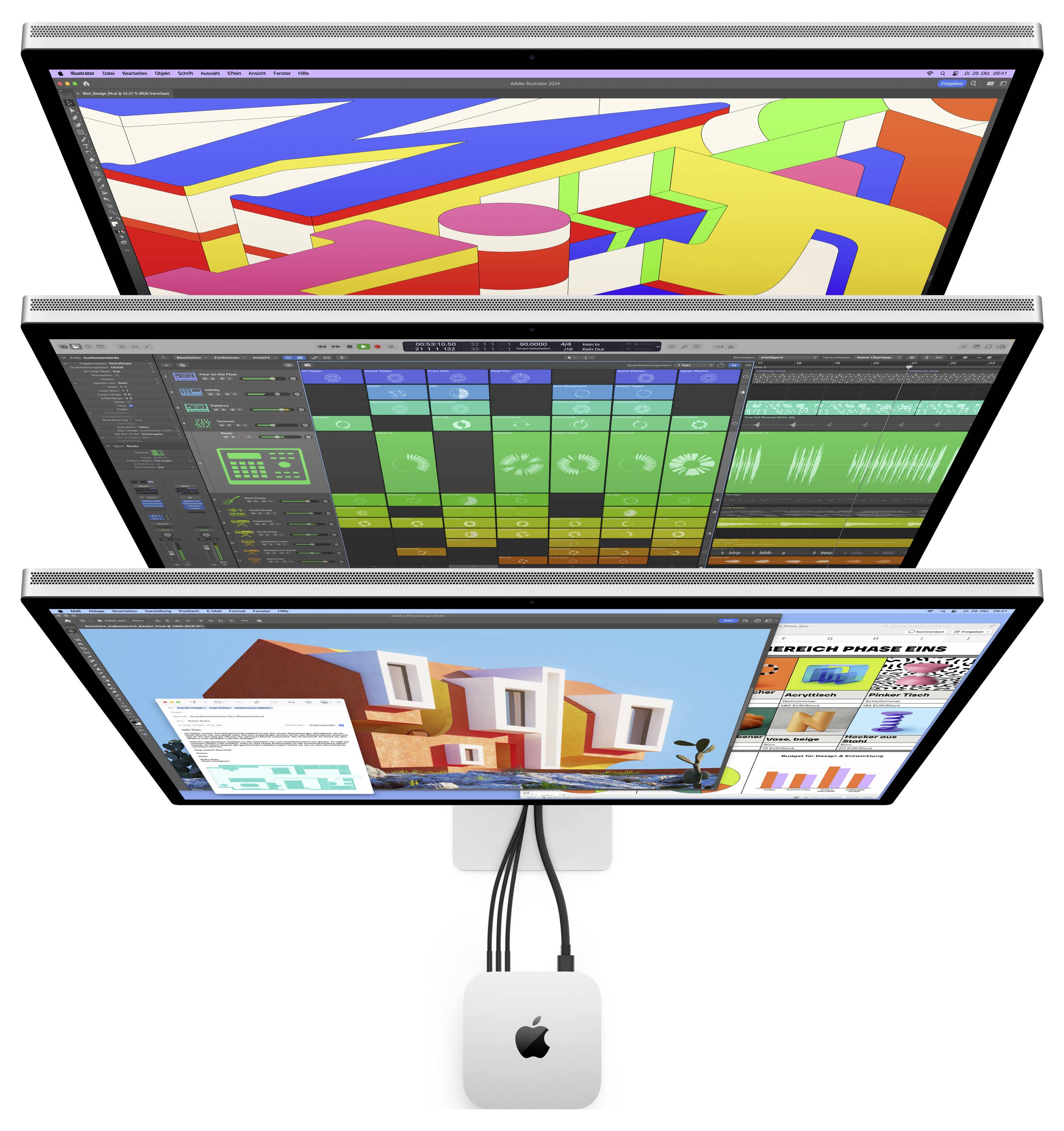 Drei übereinander gestapelte Monitore, die mit einem Mac mini verbunden sind, zeigen kreative Arbeitsbereiche: ein farbenfrohe 3D-Design, Audiobearbeitung und ein 3D-Haus mit Analytics-Dashboards.