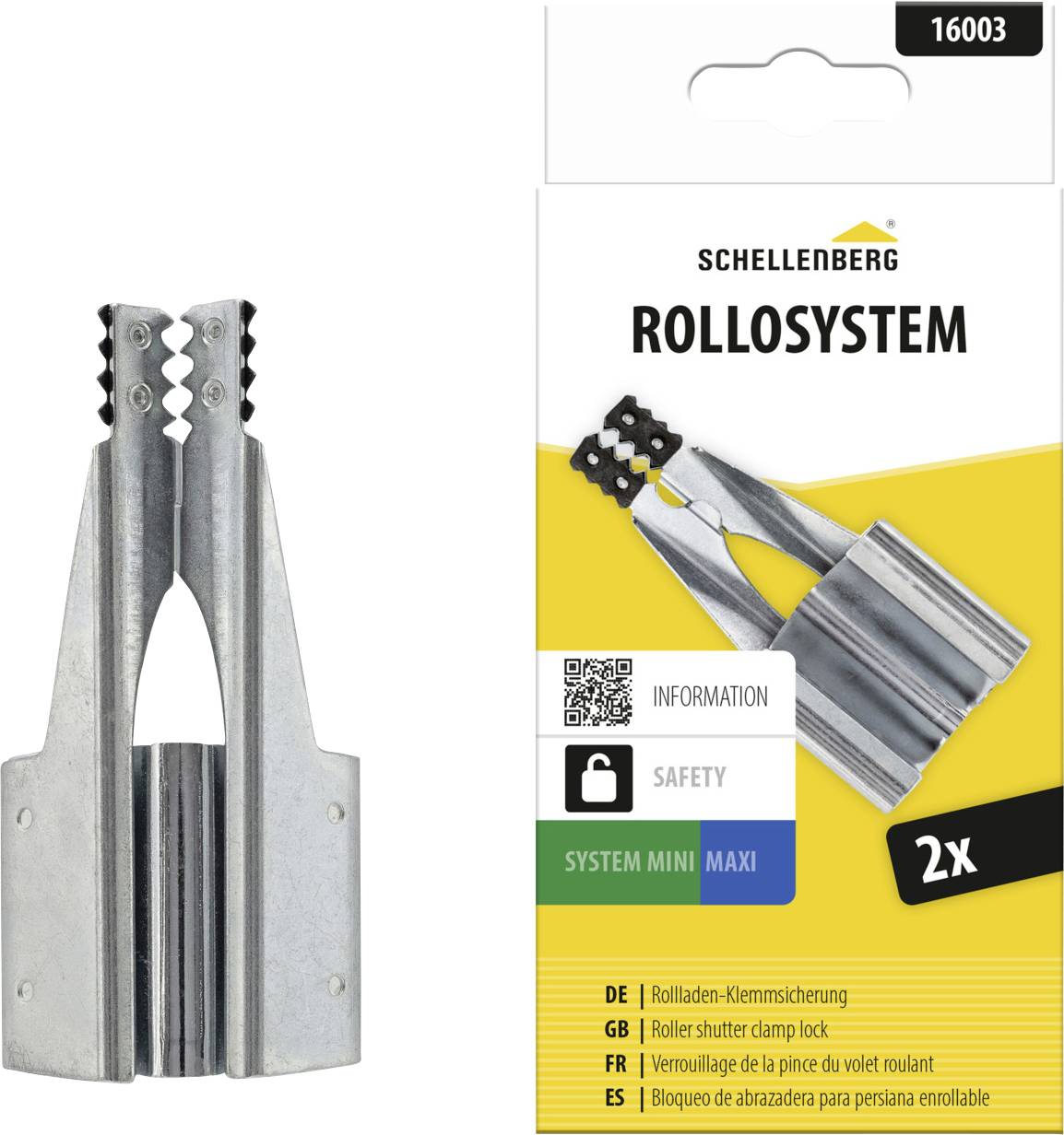Paket der Schellenberg 'ROLLSYSTEM' Rollladenklemme, gekennzeichnet mit '2x', neben einem Metallklemmschloss-Produkt, das auf der linken Seite abgebildet ist.