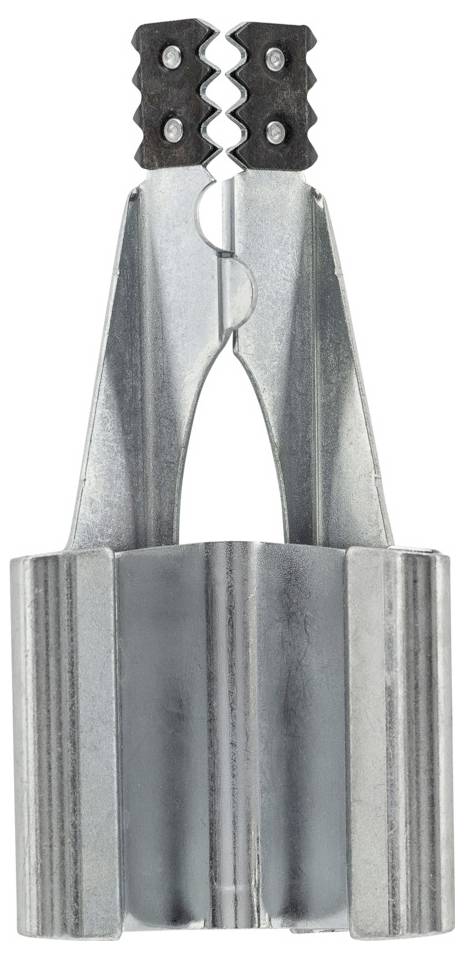 Metall-Spannzwinge mit schwarzen gezahnten Griffen, geschlossen auf weißem Hintergrund dargestellt.