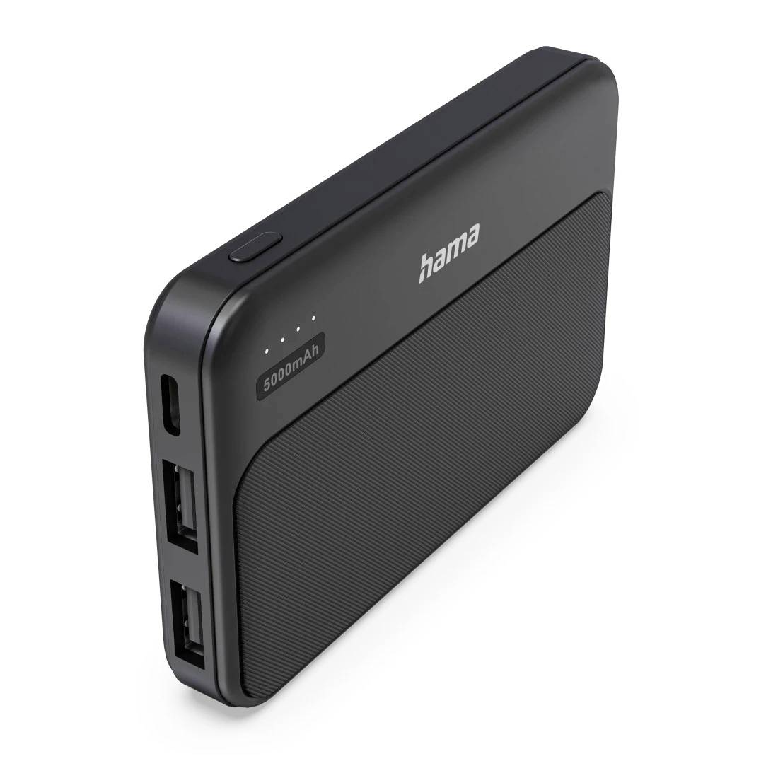 Schwarze Hama 5000mAh tragbare Powerbank mit zwei USB-Anschlüssen und LED-Ladeanzeige.