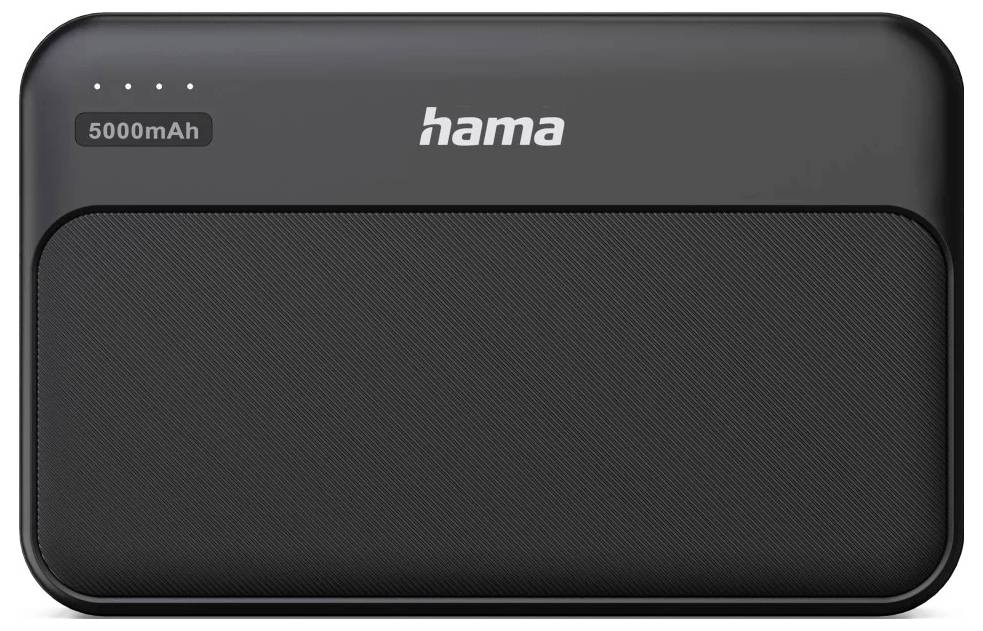 Schwarze Hama 5000mAh tragbare Powerbank mit vier Ladeanzeigeleuchten an der Vorderseite.