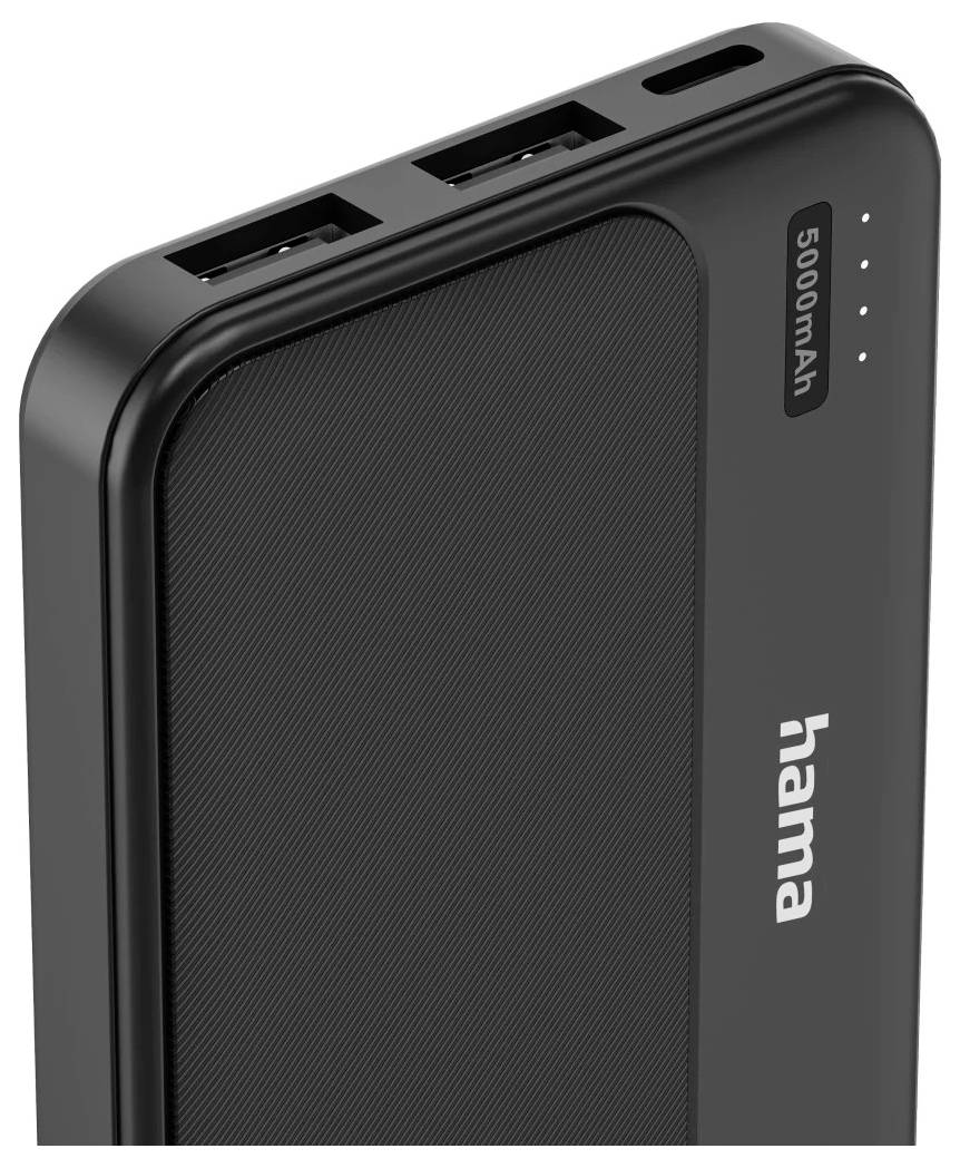 Schwarze Hama Powerbank mit 5000mAh, zwei USB-Anschlüssen und vier LED-Ladeindikatoren.