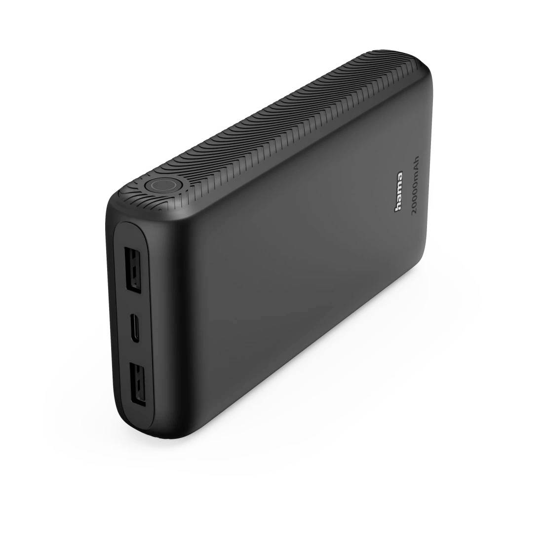 Schwarze tragbare Powerbank mit zwei USB-Anschlüssen und Ein-/Ausschalter auf weißem Hintergrund.