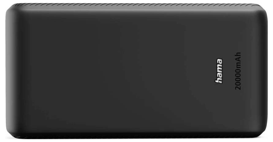 Schwarze rechteckige Hama 20000 mAh Powerbank auf weißem Hintergrund dargestellt.