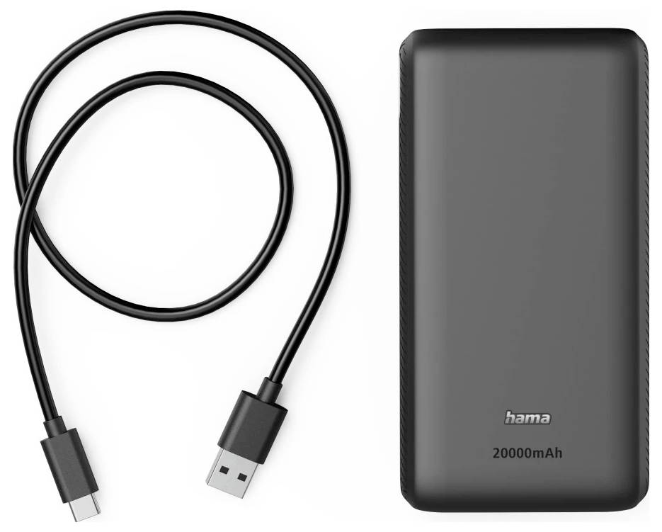 Schwarze Hama 20000mAh Powerbank neben einem USB-C-Ladekabel mit USB-A- und USB-C-Anschlüssen.