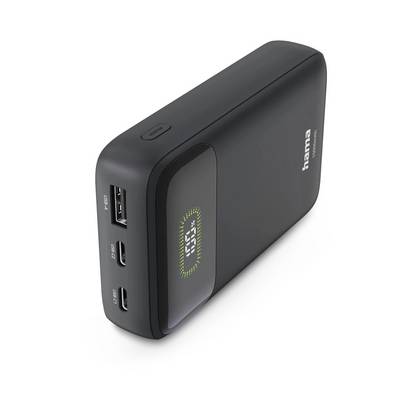 Tragbares Hama-Ladegerät in Schwarz mit USB-A- und zwei USB-C-Anschlüssen, die auf der Vorderseite einen digitalen Batteriestand-Anzeiger zeigen.
