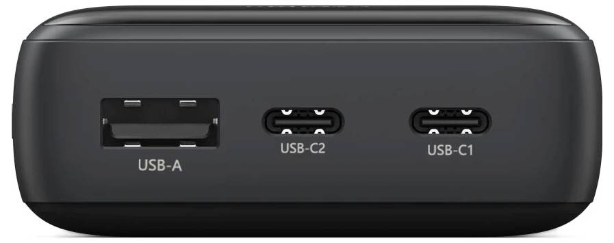 Nahaufnahme einer schwarzen Gerätevorderseite mit einem USB-A-Anschluss und zwei USB-C-Anschlüssen mit den Bezeichnungen "USB-C2" und "USB-C1".